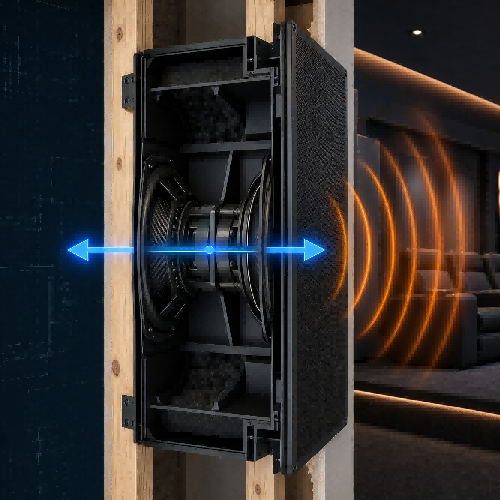 technical product cutaway illustration of a dual-opposed in-wall architectural subwoofer mounted between wall studs for vibration-free bass.