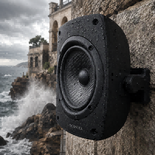 technical product rendering showing an IP66 all-weather outdoor speaker with water droplets beading off its hydrophobic driver cone.