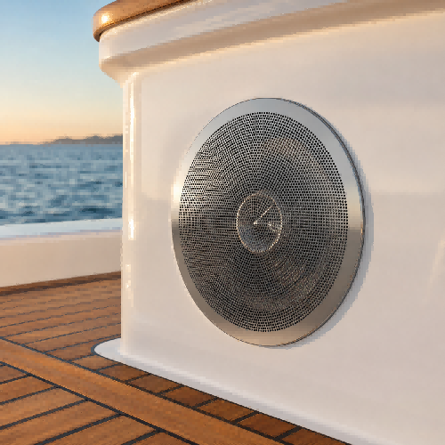 1:1 technical rendering of a 316L stainless steel marine architectural speaker flush-mounted on a luxury yacht flybridge bulkhead.
