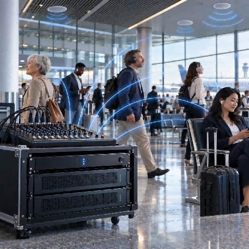 Auracast broadcast audio transmitter delivering public-address sound to earbuds, headphones and hearing aids in a commercial venue
