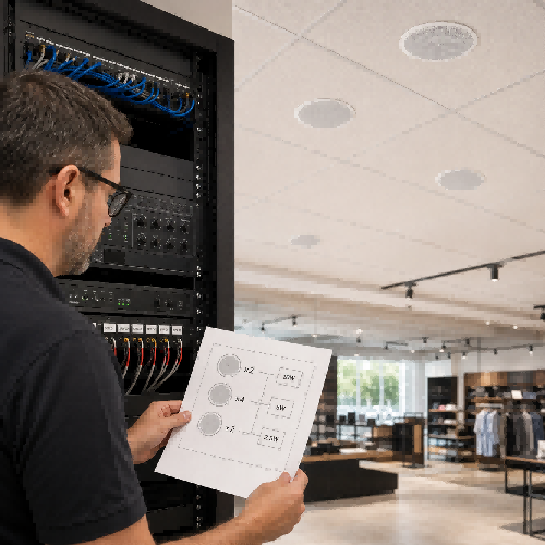 Audio integrator calculating transformer-tap wattage for a commercial 70V ceiling-speaker system