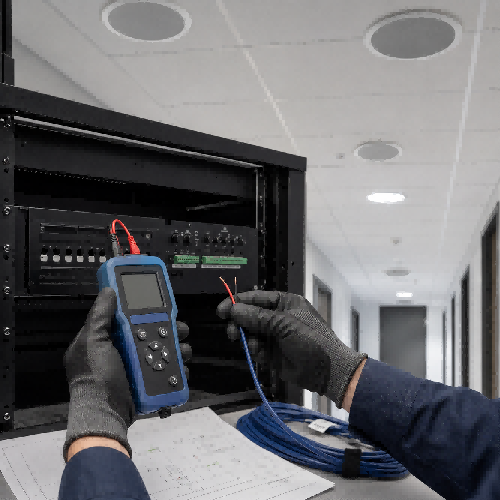 Audio installer testing a disconnected 70V ceiling speaker line with an impedance meter before amplifier connection