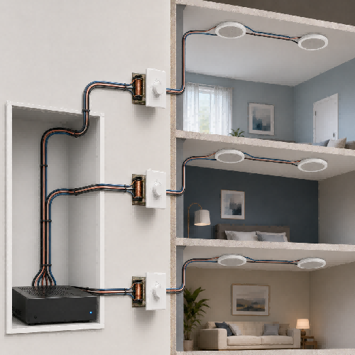Three impedance-matching wall volume controls connecting a stereo amplifier to separate pairs of residential ceiling speakers