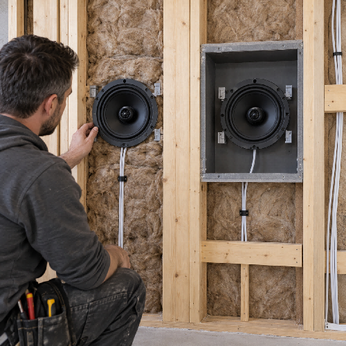 Installer comparing an open wall-cavity speaker with a speaker mounted in a backbox