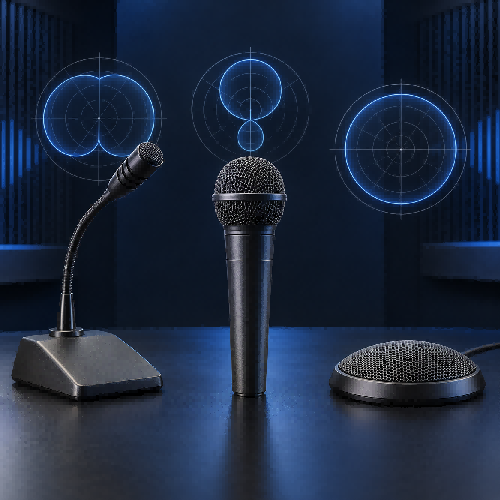 Cardioid, supercardioid and omnidirectional microphones with their pickup patterns for commercial audio applications