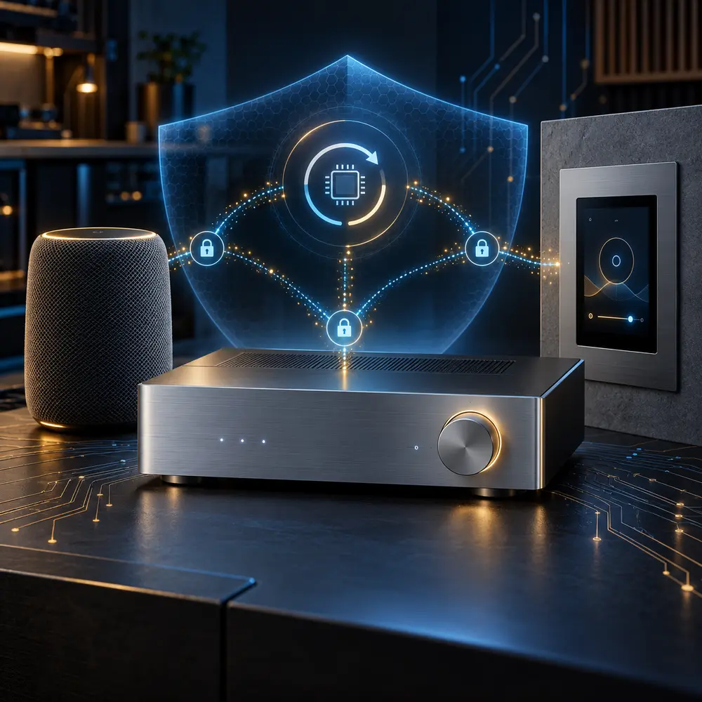 Wi-Fi amplifier and smart speaker protected by connected audio cybersecurity technology