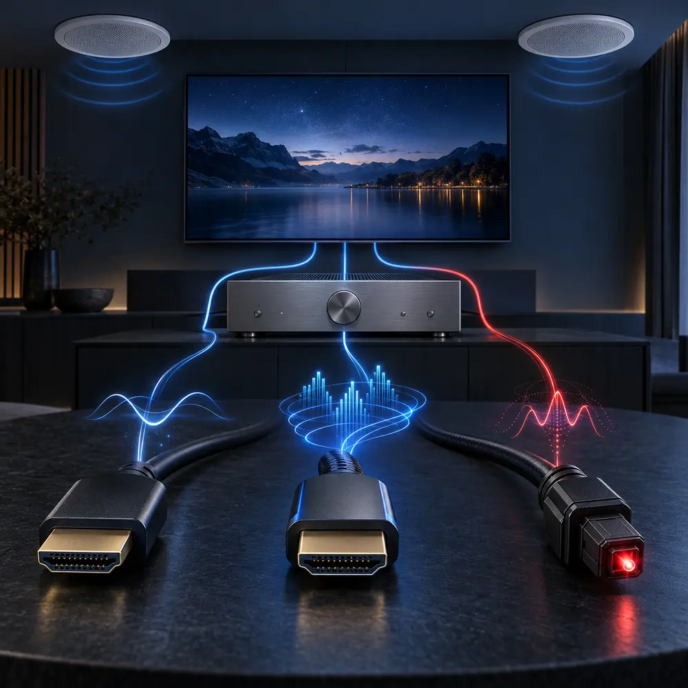 Television and amplifier connected using HDMI ARC, HDMI eARC and optical audio cables