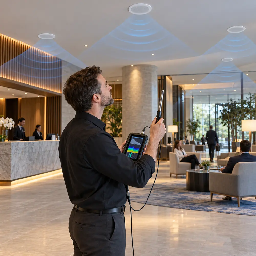 Engineer measuring STIPA speech intelligibility in a commercial ceiling speaker system